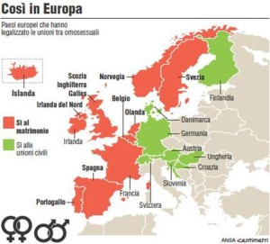 La mappa dei Paesi europei che hanno legalizzato matrimoni e unioni civili tra omosessuali (111mm x 100mm)